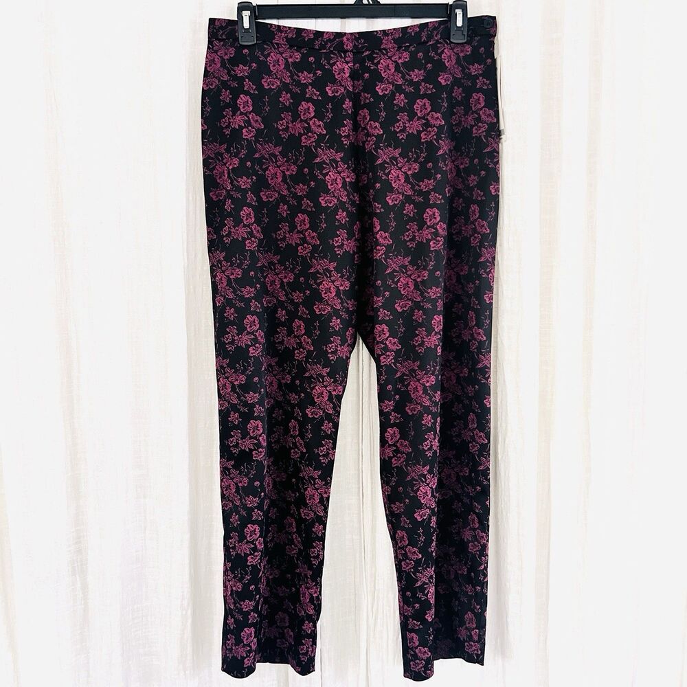 Karen Kane Black Pants with Pink Floral Print Straight Leg